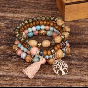 Pastel Tassel Tree of life Charm Beaded boho layered bracelets